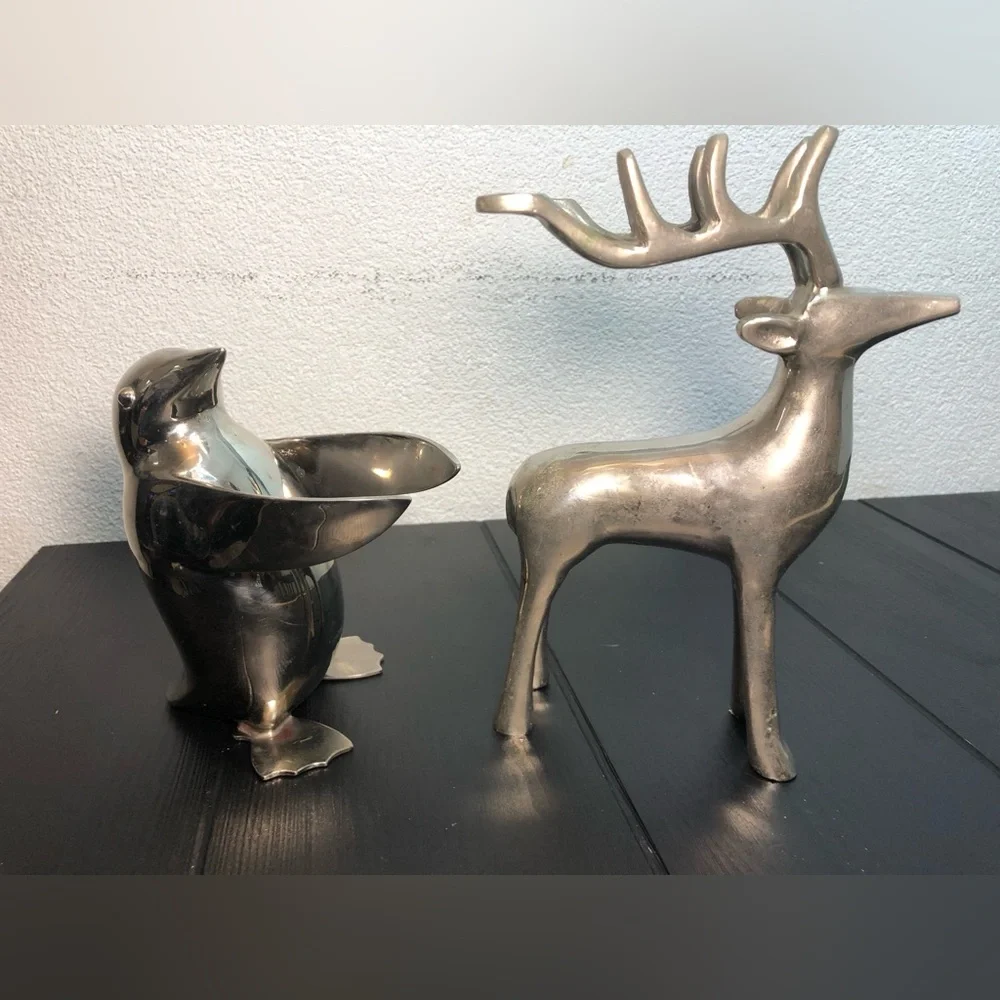 Restoration Hardware Silver Metal Decorative Figurines - Reindeer & Penguin